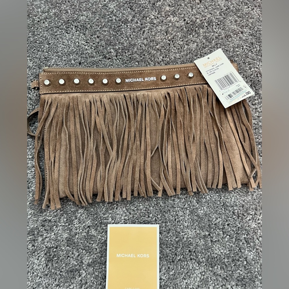 Michael Kors Brown Suede Fringe Wristlet Clutch